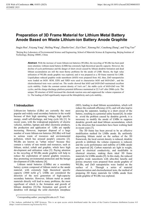 (PDF) Preparation of 3D Frame Material for Lithium Metal Battery Anode Based on Waste Lithium ...