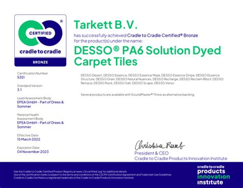 Tarkett Desso PA6 Carpet Tiles - Cradle to Cradle: Bronze - Nov 2023 ...