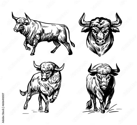 Bull sketch. Vector illustration black outline on transparent ...