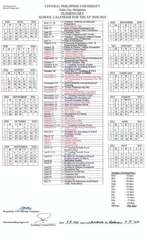 Elementary School Calendar for the SY 2020-2021 - Central Philippine ...