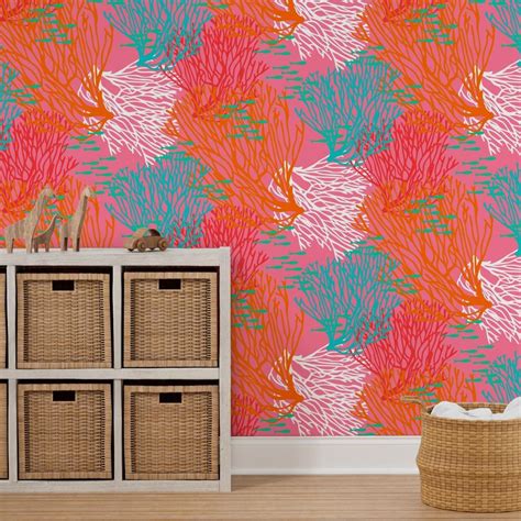 Colorful Coral & Fish on Bright Pink Wallpaper | Spoonflower