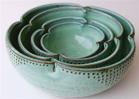 Ceramic Nesting Bowls Set of 4 Serving Dishes Rustic Aqua