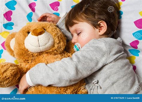 Child Sleeping with Teddy Bear Stock Image - Image of green, serene: 27877629