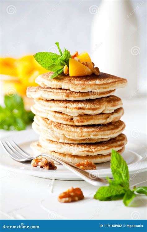 Homemade Pancakes with Peach and Nuts Stock Photo - Image of crepes, green: 119160982