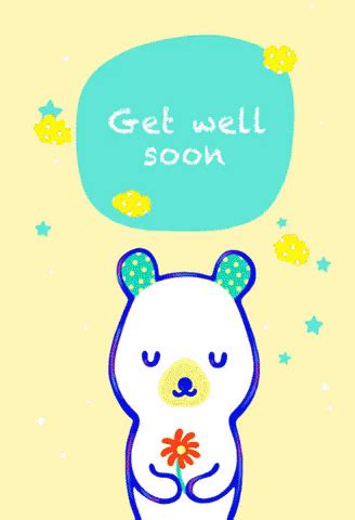 a cartoon bear with a speech bubble above it's head that says get well soon