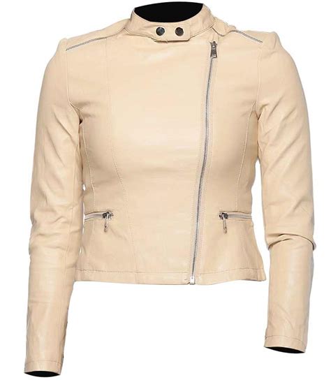 Womens Beige Classic Motorcycle Leather Jacket - USA Jacket