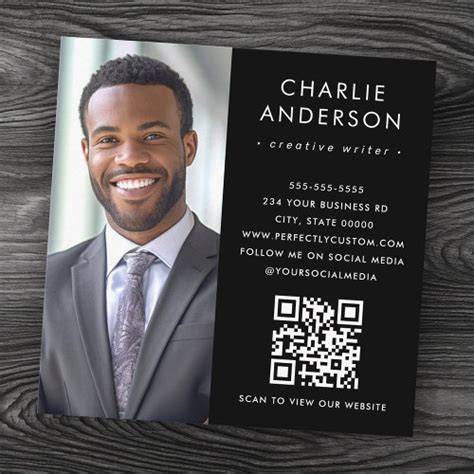 Modern minimal elegant black photo QR code Square Business Card - Perfectly Custom