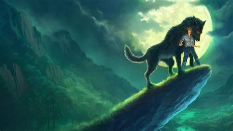 anime, wolf, anime boys, fantasy art, Moon, creature HD Wallpaper