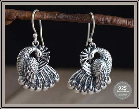 Silver Peacock Earrings Drop earrings women's Peacock | Etsy