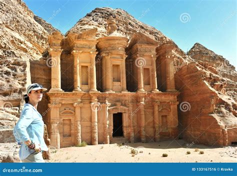 Woman in Ad Deir the Monastery Temple in Petra, Jordan Stock Photo - Image of historic, hidden ...