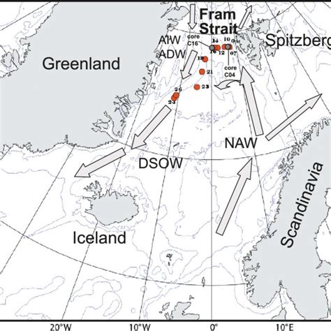 Location map of Fram Strait and analyzed surface and core samples.... | Download Scientific Diagram