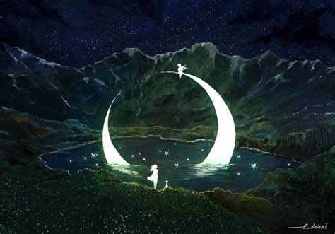 an anime scene with two cats sitting on the crescent moon and stars in ...