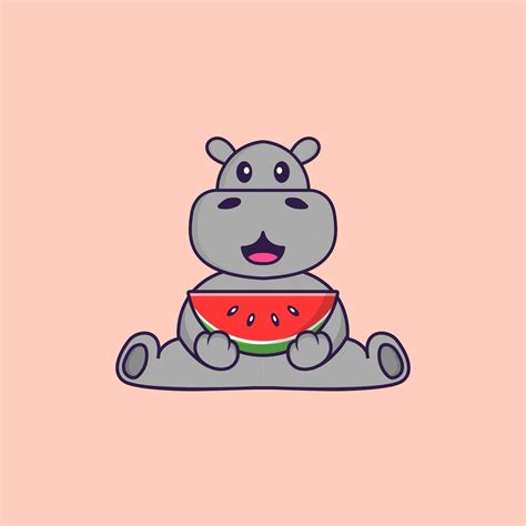 Cute hippopotamus eating watermelon. Animal cartoon concept isolated ...