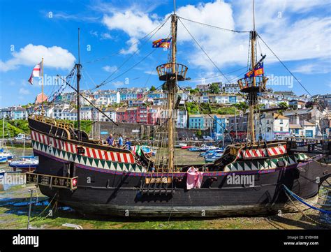 A replica of Sir Francis Drake's ship, the Golden Hind, in the harbour ...