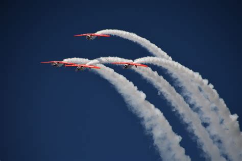 fighter plane, nature, four, mode of transportation, vapor trail, flying, sky, red, bi, jet ...