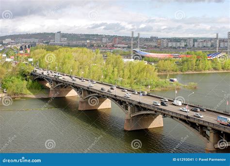 City Krasnoyarsk. View on the River Yenisei and Kommunalnyy Bridge ...