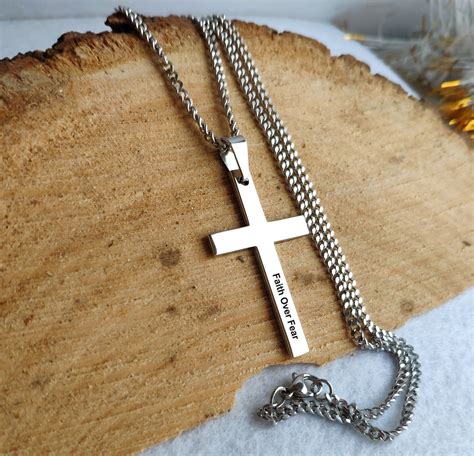 Men's engraving Cross Necklace, Custom Engraved Cross Pendant, Men's Cross Necklace, Stainless ...