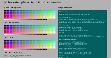 Online color picker for terminal 256 color palette. Examples for shell prompt, vim, term/xterm