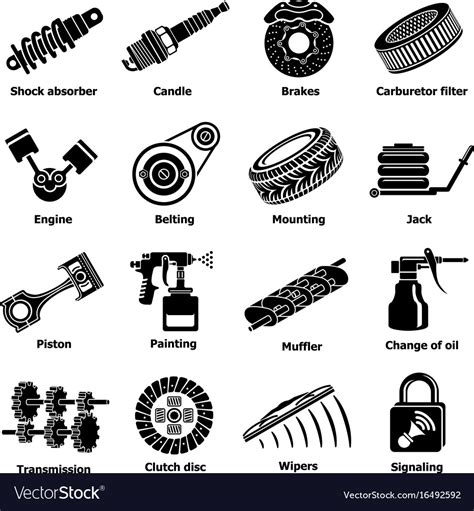 Car repair parts icons set simple style Royalty Free Vector