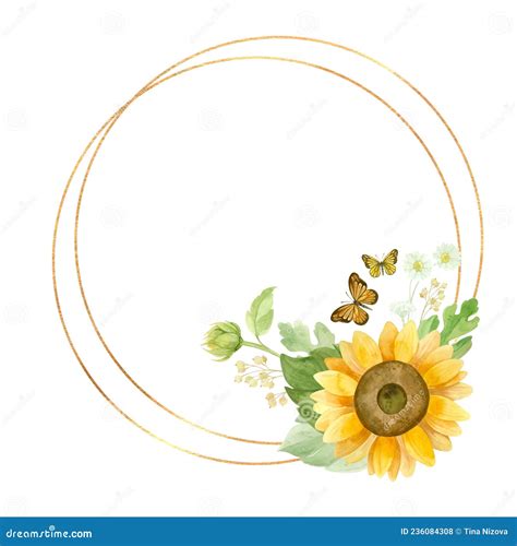 Round Gold Frame with Sunflowers, White Roses and Butterflies. Stock Illustration - Illustration ...