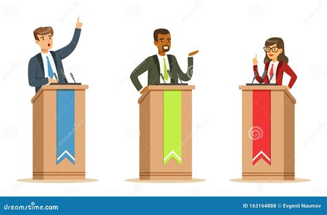 Young Politician Male and Female Speakers Behind Rostrum in Debates ...