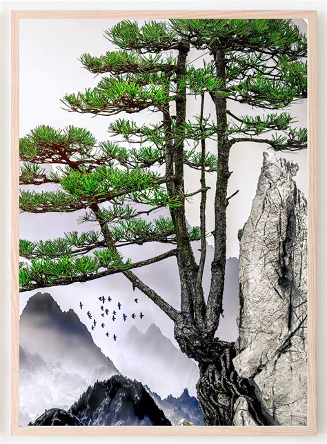 Japanese Landscape Painting of Pine Trees Distant Mountains | Etsy