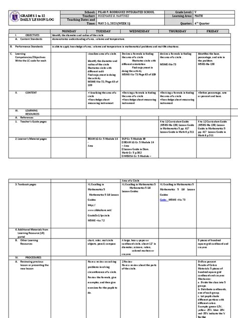 Grade 5 DLL MATH 5 Q4 Week 1 | PDF | Area | Circle