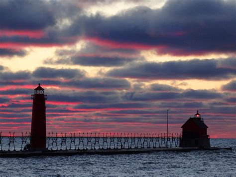 Grand Haven Lighthouse Pink Sunset by David T Wilkinson