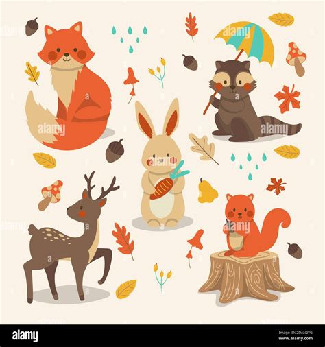 Hand drawn autumn forest animals collection Vector illustration Stock ...