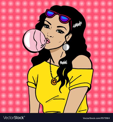 Beautiful girl blowing bubble from chewing gum Vector Image