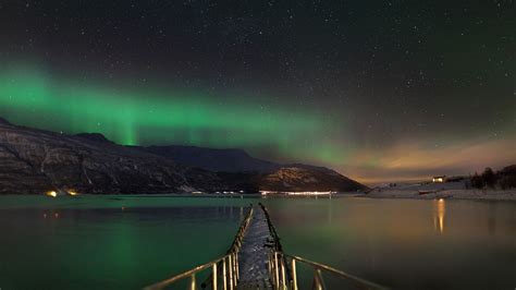 nature, Landscape, Norway, Mountains, Aurora borealis, Aurorae, Night, Lake, Pier, Winter, Snow ...