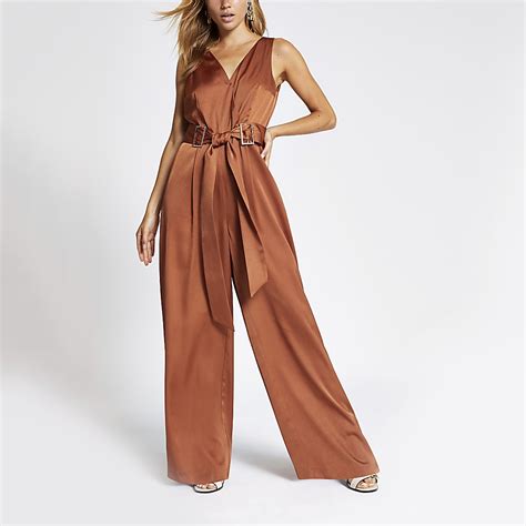 Dark orange belted waist V neck jumpsuit | River Island