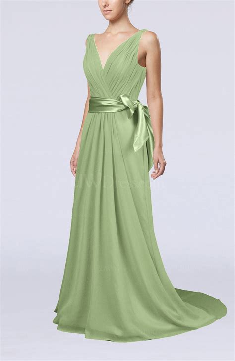 Sage Green Elegant A-line V-neck Sleeveless Chiffon Ruching Bridesmaid ...