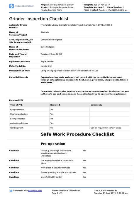 Grinder Inspection Checklist (For angle, portable and bench grinders)