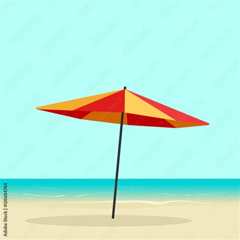 Beach umbrella on seaside vector illustration, flat cartoon sea coast ...