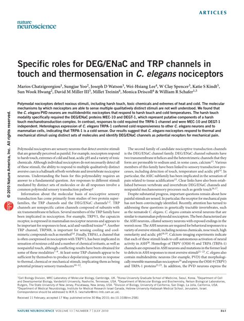 (PDF) Specific roles for DEG/ENaC and TRP channels in touch and thermosensation in C. elegans ...