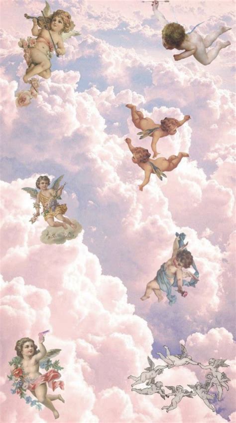 the sky is filled with angels flying through the clouds