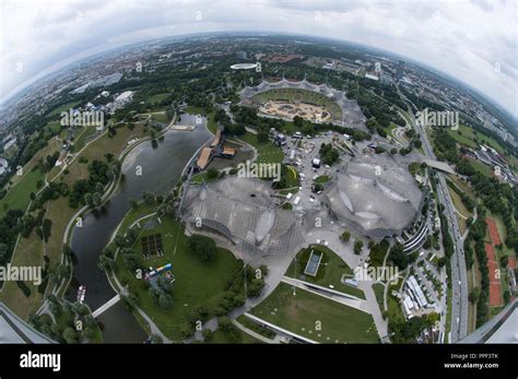 Aerial view of the Munich Olympic Tower with view to the west on the ...