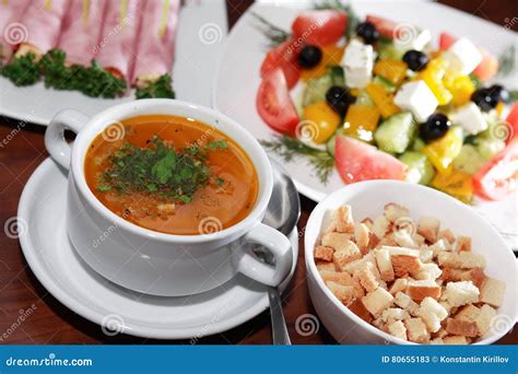 Soup and Salad stock image. Image of lunch, portion, dishware - 80655183