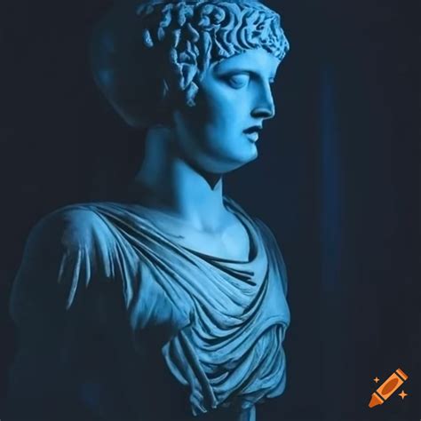 Photograph of ancient roman statue in dark blue lighting on Craiyon
