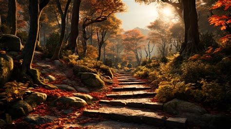 Premium AI Image | Path in the forest and the leaves in autumn