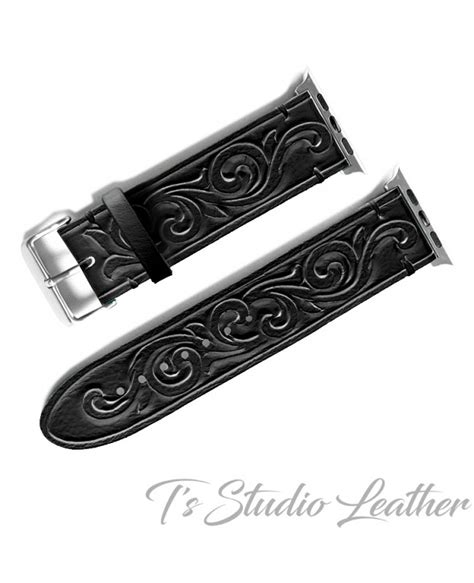 Black Leather Hand Tooled Watch Band