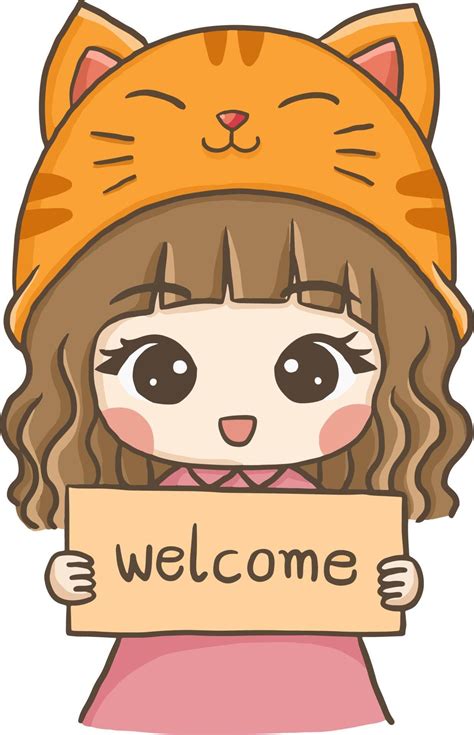 Welcome sign cartoon cute girl wearing a cat hat drawing Cartoon Logo ...