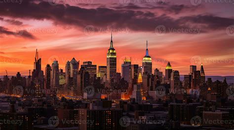 Amazing panorama view of New York city skyline and skyscraper at sunset ...