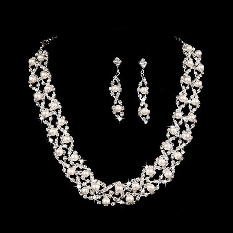 S35 Cheap pearl wedding jewelry sets shinning crystal necklace and earrings vintage bridal ...