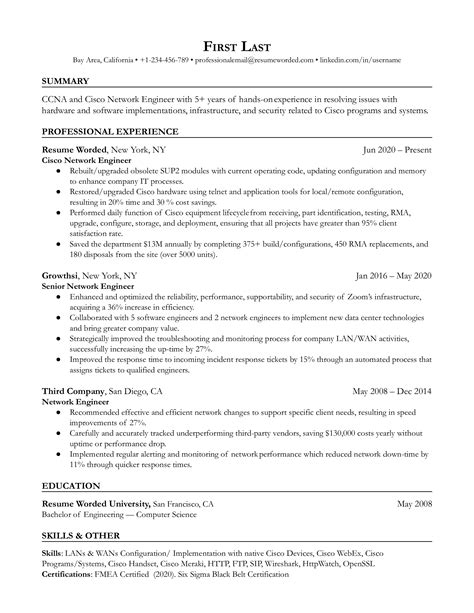 Cisco Network Engineer (CCNA) Resume Examples for 2024 | Resume Worded