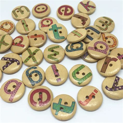 1000pcs "A Z" Letter Alphabet Pattern Wooden Buttons 15mm NATURAL Mixed ...