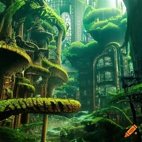 Biomorphic steampunk city in a forest