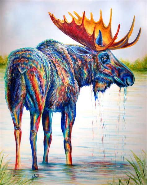 "Moose Sighting" - Contemporary colorful moose painting by Teshia. Grand Teton Gallery, Jackson ...