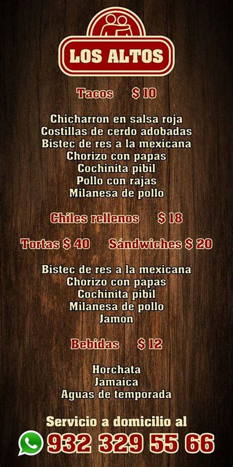 Menu at Los Altos restaurant, Pichucalco